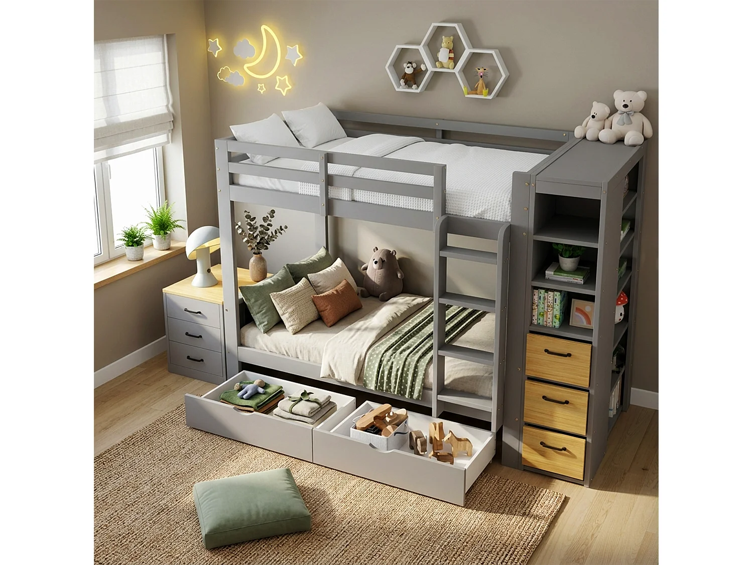 Lit superposé enfant 90x200 cm - avec 8 tiroirs et échelle - étagère de rangement latérale et table de chevet mobile - Gris (sans matelas)