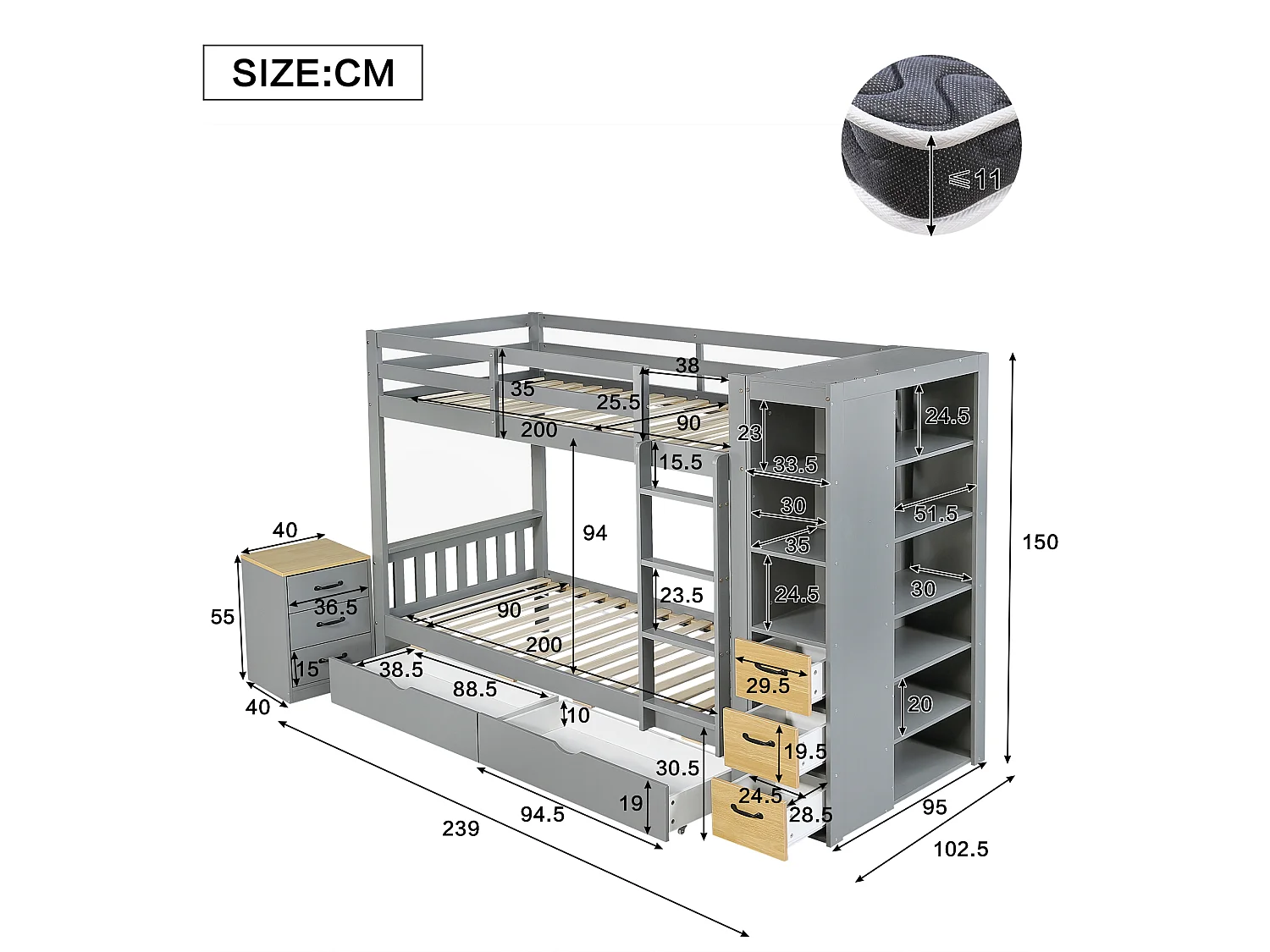 Lit superposé enfant 90x200 cm - avec 8 tiroirs et échelle - étagère de rangement latérale et table de chevet mobile - Gris (sans matelas)