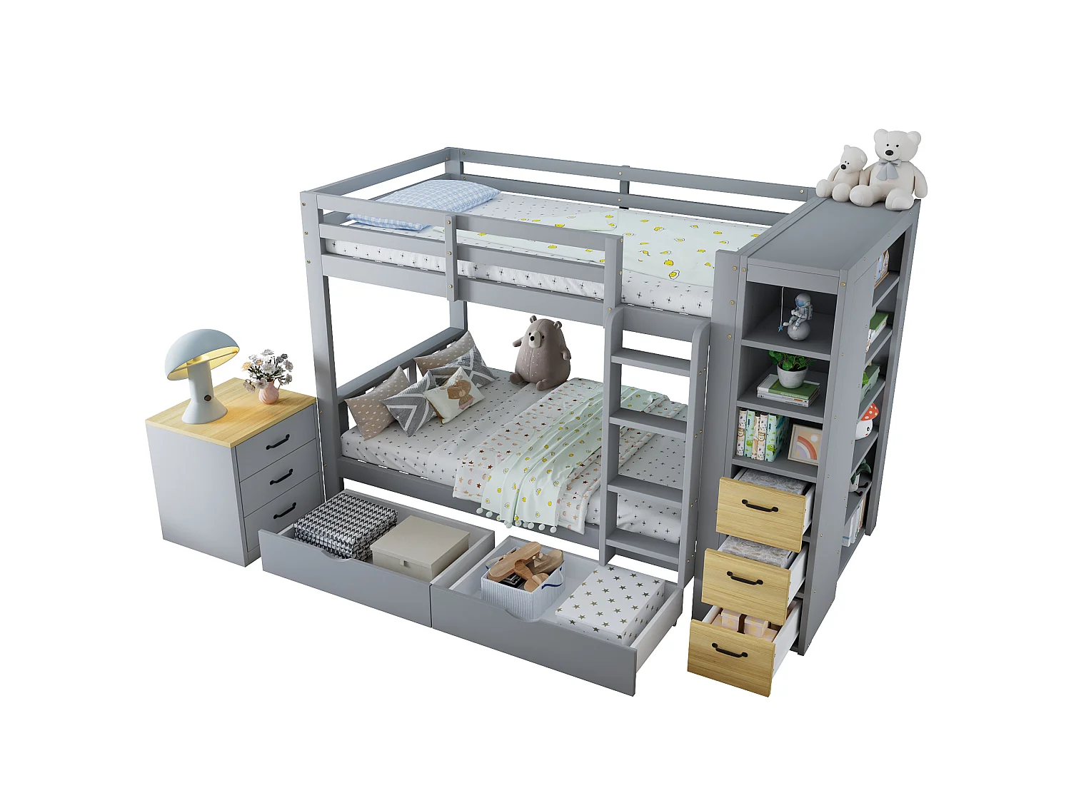 Lit superposé enfant 90x200 cm - avec 8 tiroirs et échelle - étagère de rangement latérale et table de chevet mobile - Gris (sans matelas)