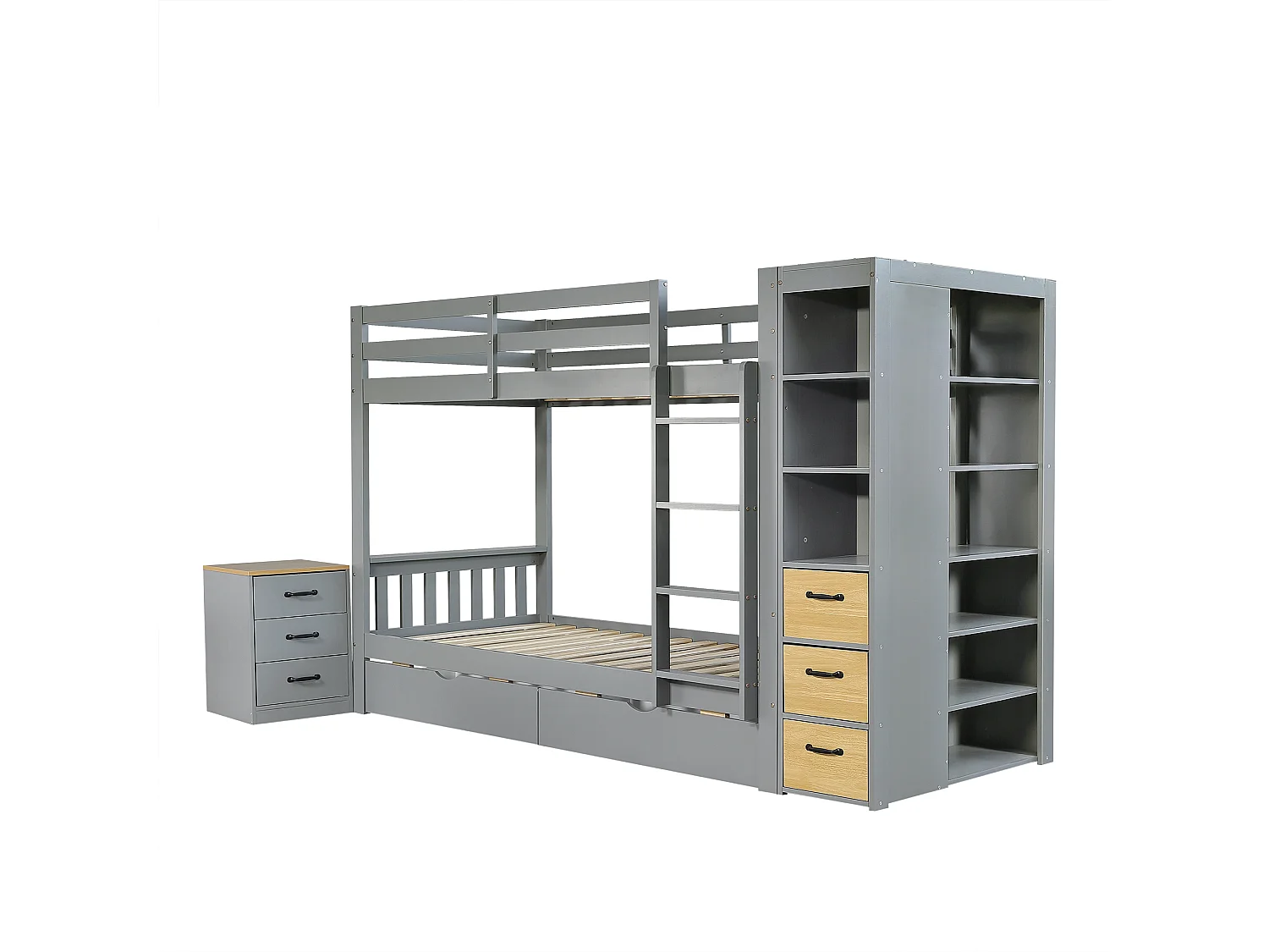 Lit superposé enfant 90x200 cm - avec 8 tiroirs et échelle - étagère de rangement latérale et table de chevet mobile - Gris (sans matelas)
