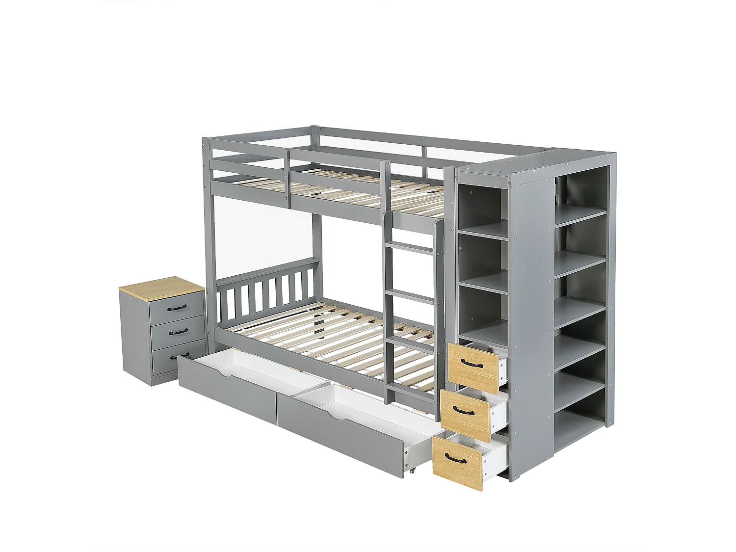 Lit superposé enfant 90x200 cm - avec 8 tiroirs et échelle - étagère de rangement latérale et table de chevet mobile - Gris (sans matelas)