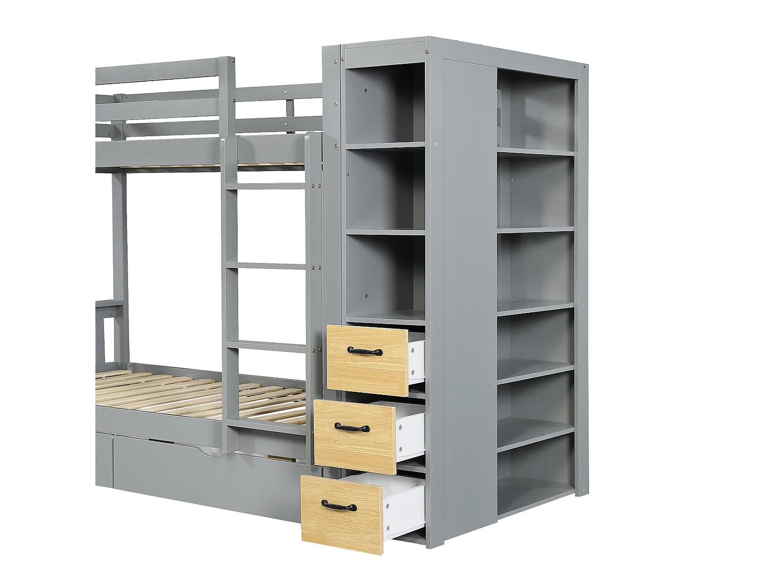 Lit superposé enfant 90x200 cm - avec 8 tiroirs et échelle - étagère de rangement latérale et table de chevet mobile - Gris (sans matelas)