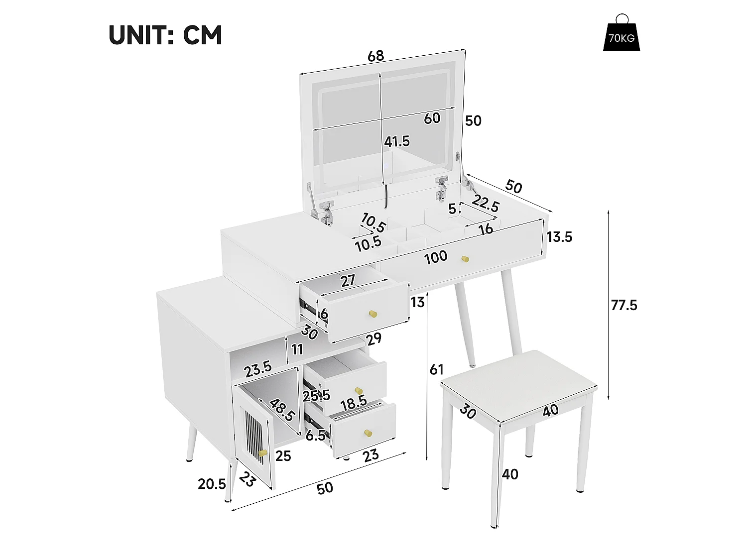 Schminktisch mit klappbarem LED-Spiegel, Hocker, 3 Schubladen und 1 Tür – MDF und Bambus – 120 x 50 x 77,5 cm – Weiß