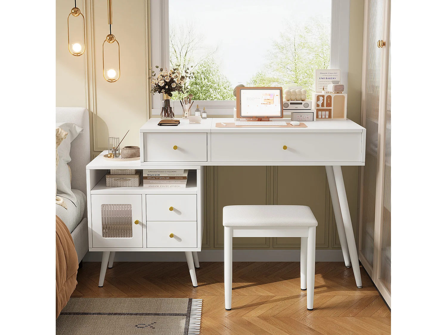 Schminktisch mit klappbarem LED-Spiegel, Hocker, 3 Schubladen und 1 Tür – MDF und Bambus – 120 x 50 x 77,5 cm – Weiß