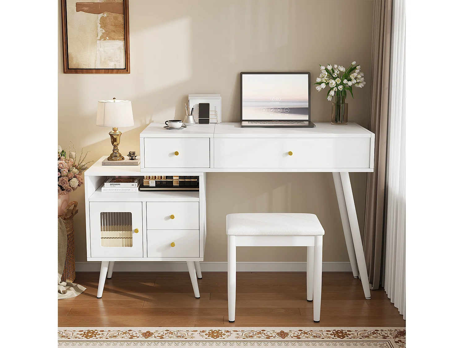 Schminktisch mit klappbarem LED-Spiegel, Hocker, 3 Schubladen und 1 Tür – MDF und Bambus – 120 x 50 x 77,5 cm – Weiß