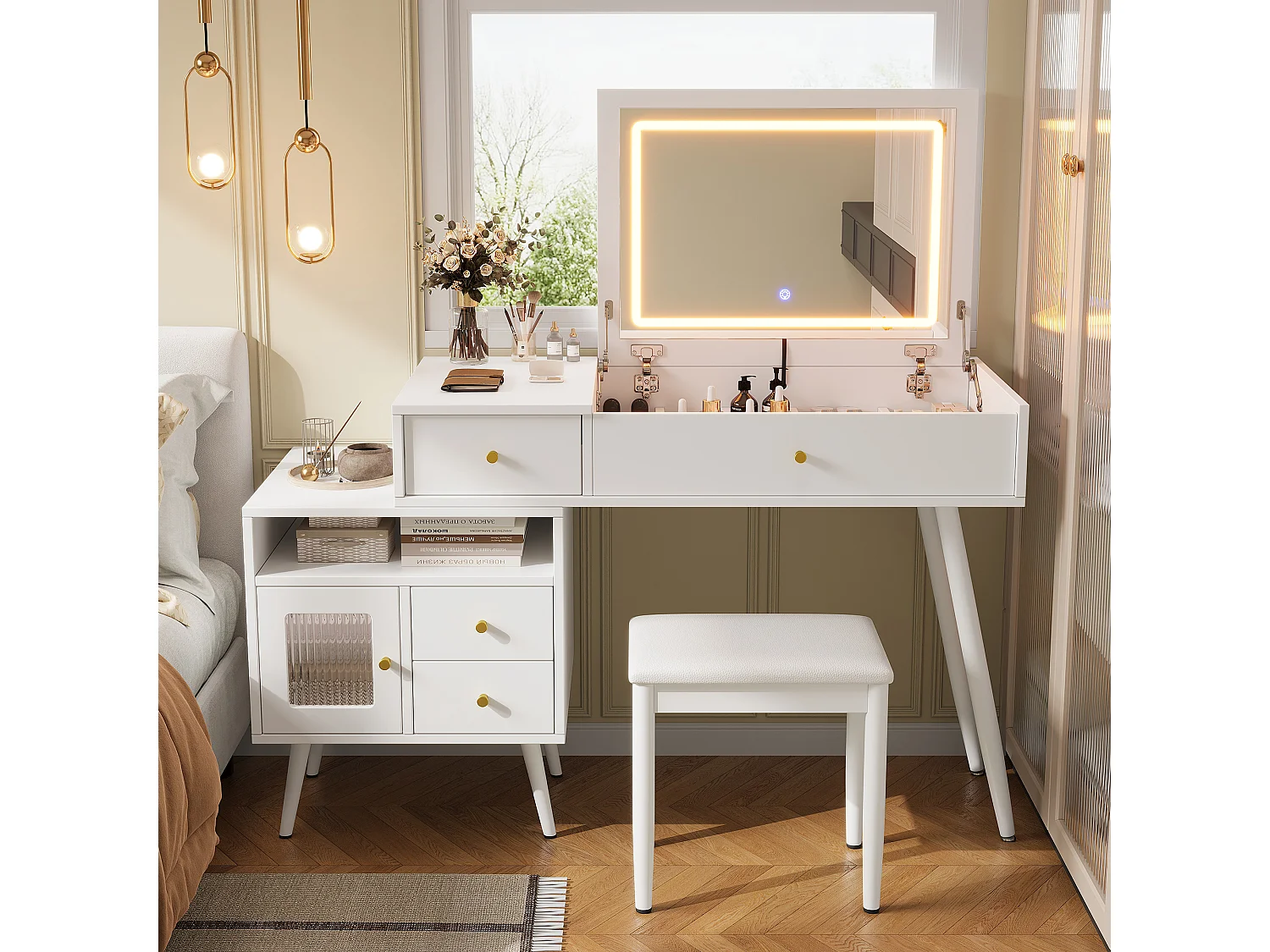 Schminktisch mit klappbarem LED-Spiegel, Hocker, 3 Schubladen und 1 Tür – MDF und Bambus – 120 x 50 x 77,5 cm – Weiß