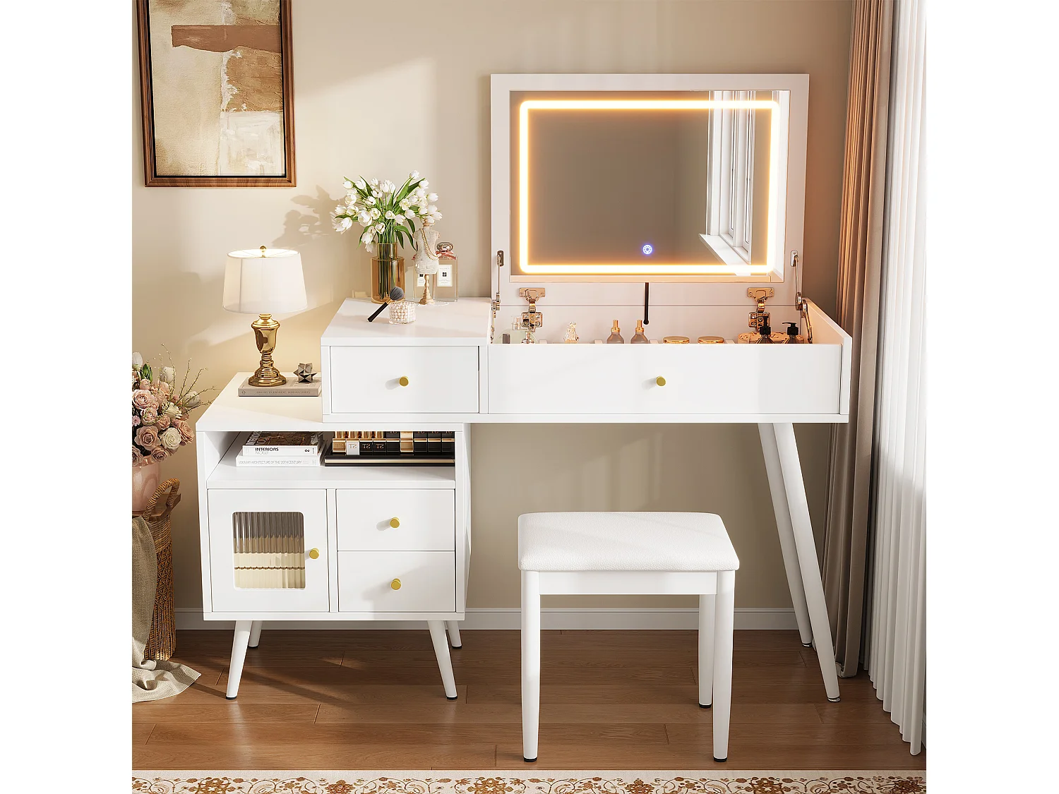 Schminktisch mit klappbarem LED-Spiegel, Hocker, 3 Schubladen und 1 Tür – MDF und Bambus – 120 x 50 x 77,5 cm – Weiß