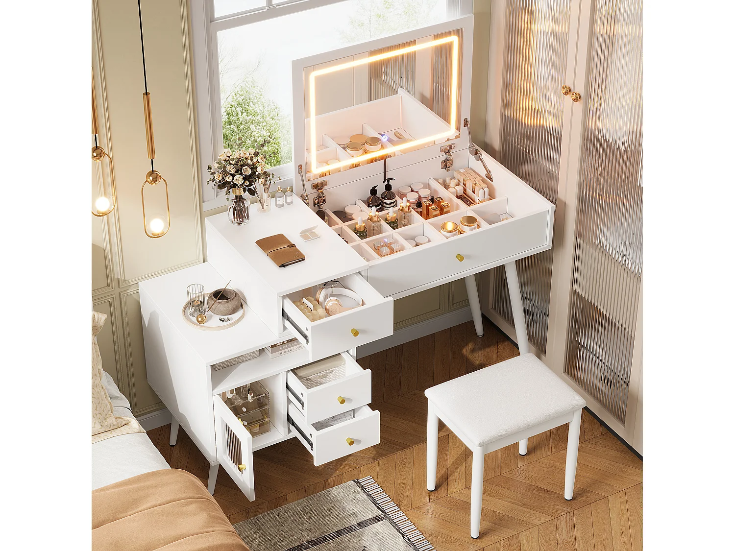 Schminktisch mit klappbarem LED-Spiegel, Hocker, 3 Schubladen und 1 Tür – MDF und Bambus – 120 x 50 x 77,5 cm – Weiß