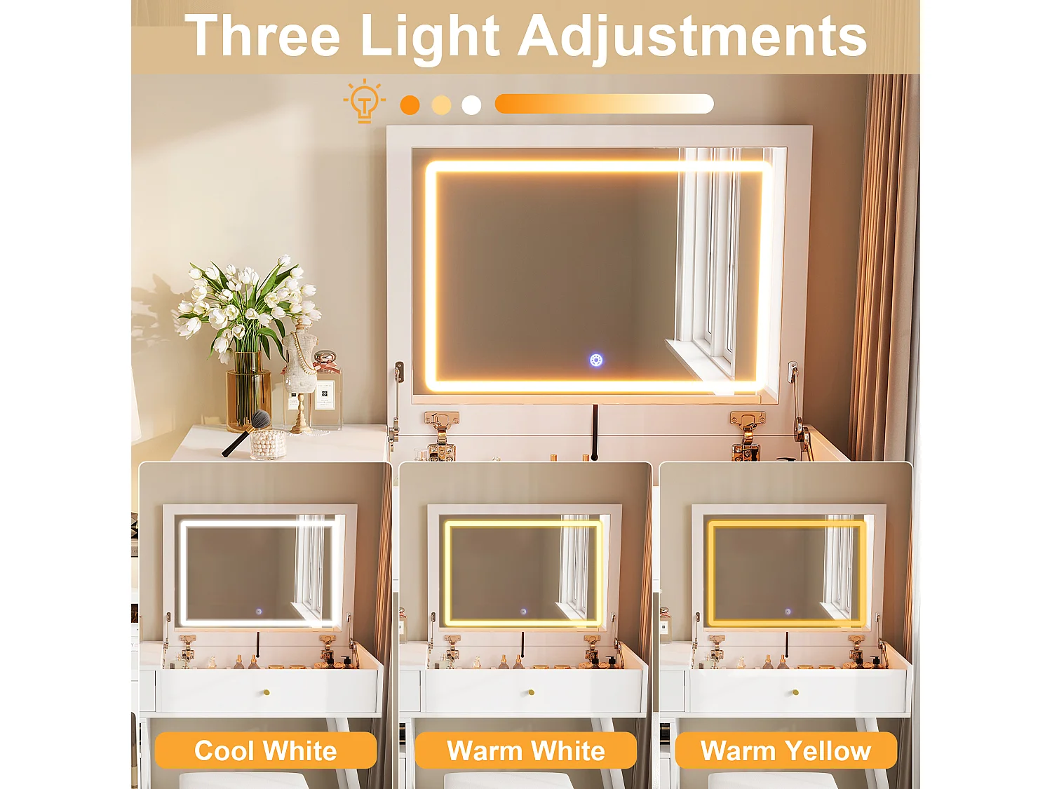 Schminktisch mit klappbarem LED-Spiegel, Hocker, 3 Schubladen und 1 Tür – MDF und Bambus – 120 x 50 x 77,5 cm – Weiß