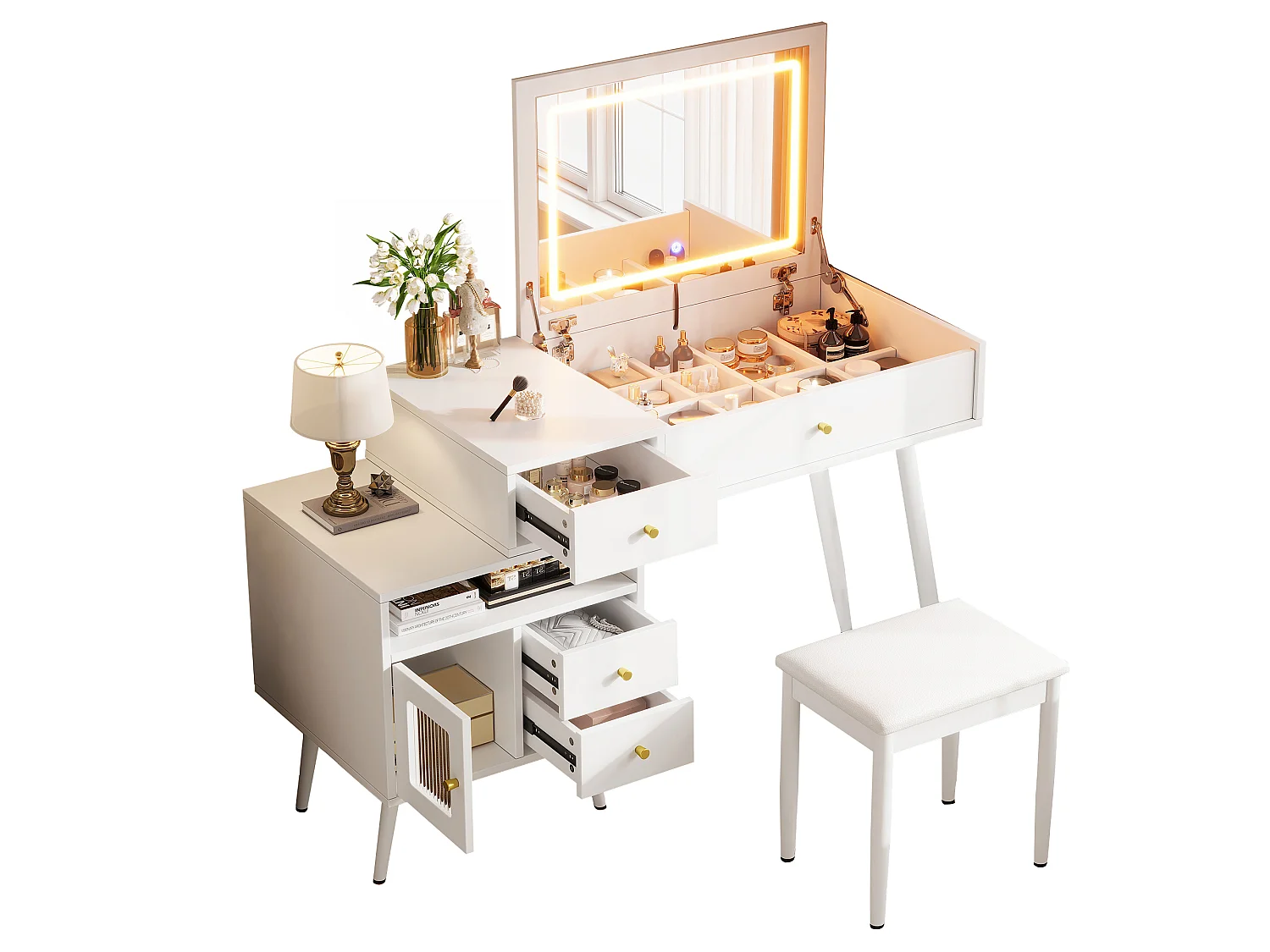 Schminktisch mit klappbarem LED-Spiegel, Hocker, 3 Schubladen und 1 Tür – MDF und Bambus – 120 x 50 x 77,5 cm – Weiß