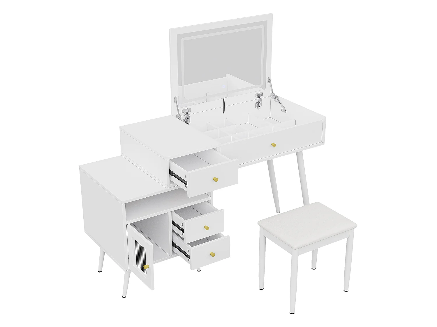Schminktisch mit klappbarem LED-Spiegel, Hocker, 3 Schubladen und 1 Tür – MDF und Bambus – 120 x 50 x 77,5 cm – Weiß
