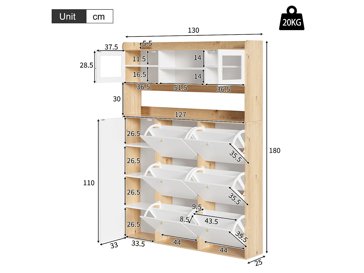 Meuble à chaussures moderne 130x25x180cm - avec éclairage LED - avec 6 portes abattantes - compartiment de rangement - Blanc + Naturel