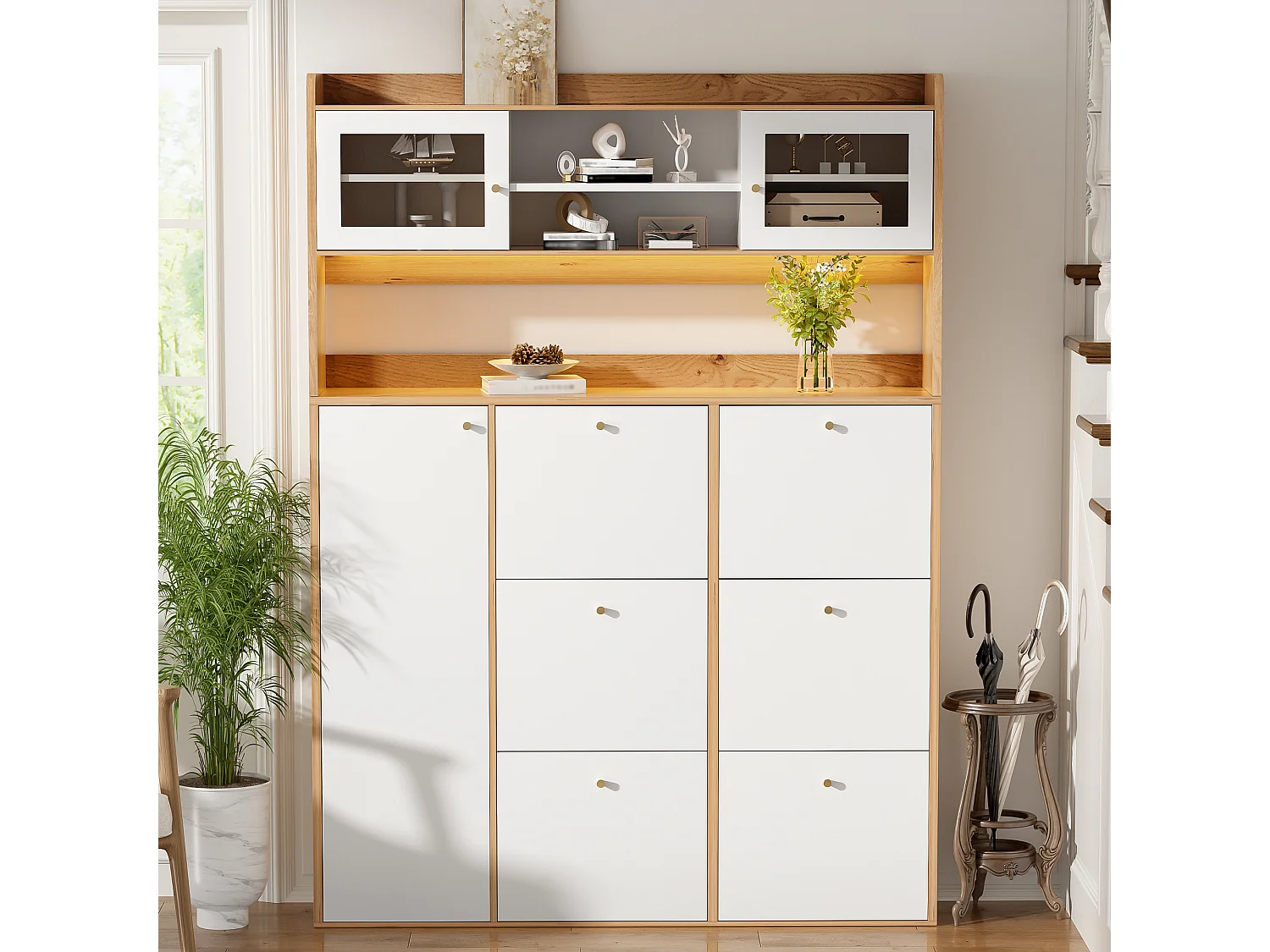 Meuble à chaussures moderne 130x25x180cm - avec éclairage LED - avec 6 portes abattantes - compartiment de rangement - Blanc + Naturel