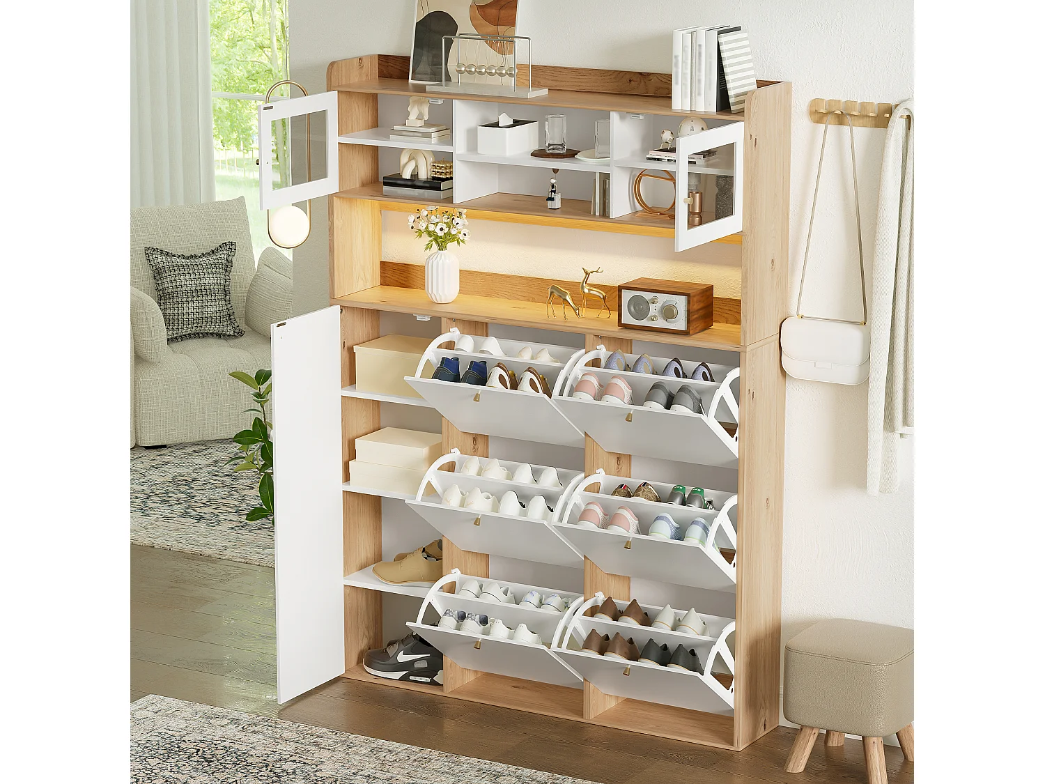 Meuble à chaussures moderne 130x25x180cm - avec éclairage LED - avec 6 portes abattantes - compartiment de rangement - Blanc + Naturel