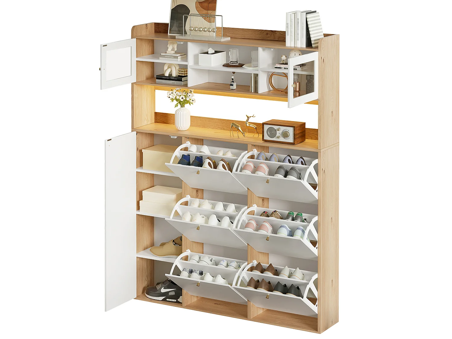 Meuble à chaussures moderne 130x25x180cm - avec éclairage LED - avec 6 portes abattantes - compartiment de rangement - Blanc + Naturel