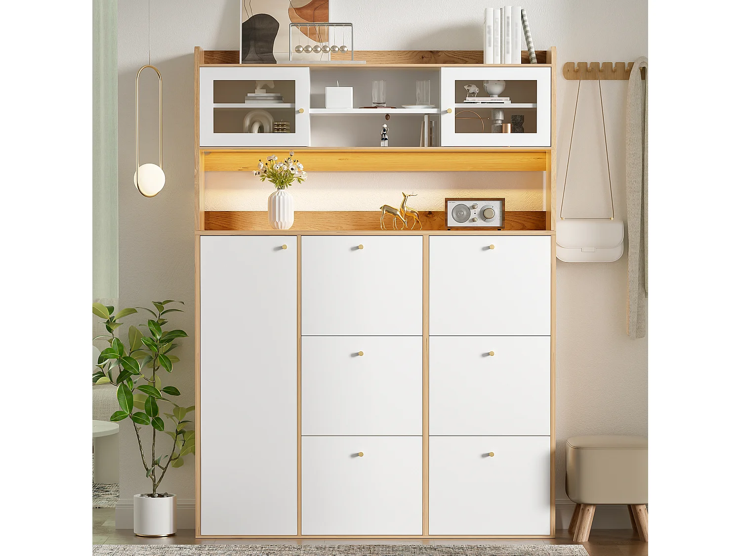 Meuble à chaussures moderne 130x25x180cm - avec éclairage LED - avec 6 portes abattantes - compartiment de rangement - Blanc + Naturel