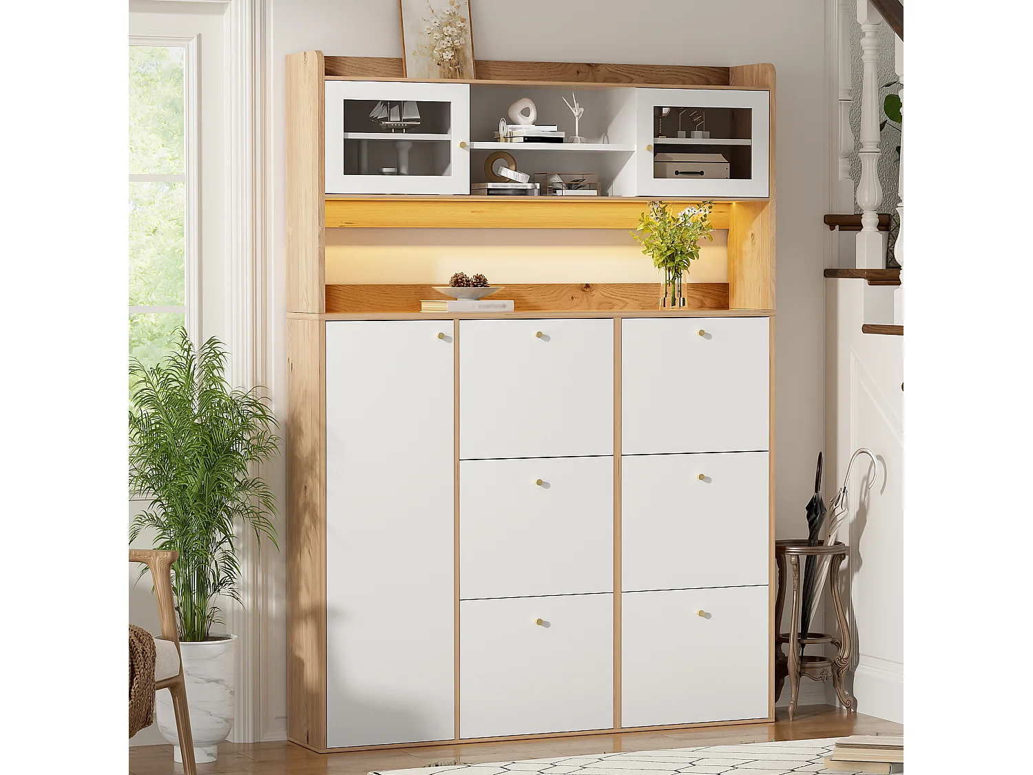 Meuble à chaussures moderne 130x25x180cm - avec éclairage LED - avec 6 portes abattantes - compartiment de rangement - Blanc + Naturel