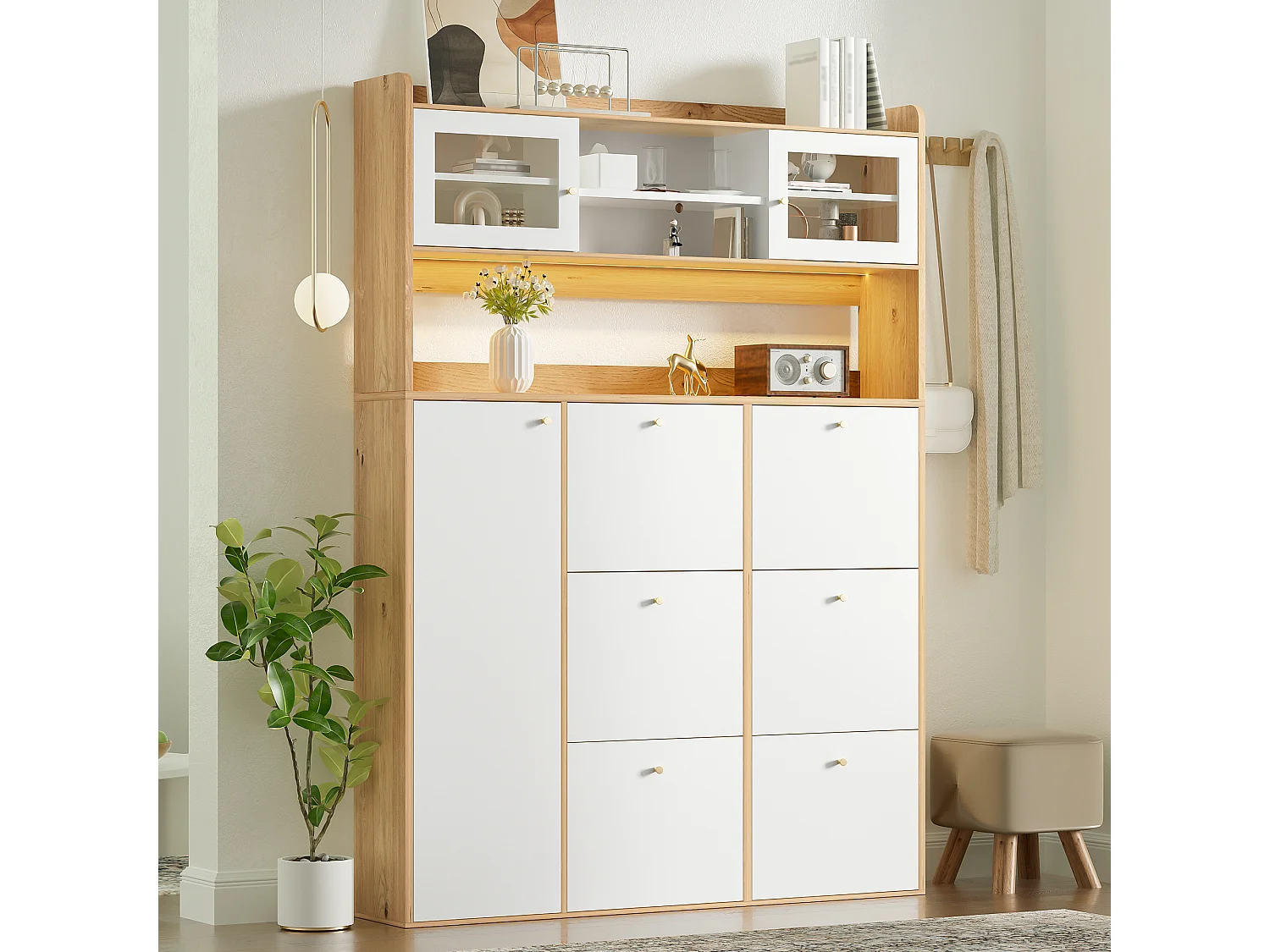Meuble à chaussures moderne 130x25x180cm - avec éclairage LED - avec 6 portes abattantes - compartiment de rangement - Blanc + Naturel