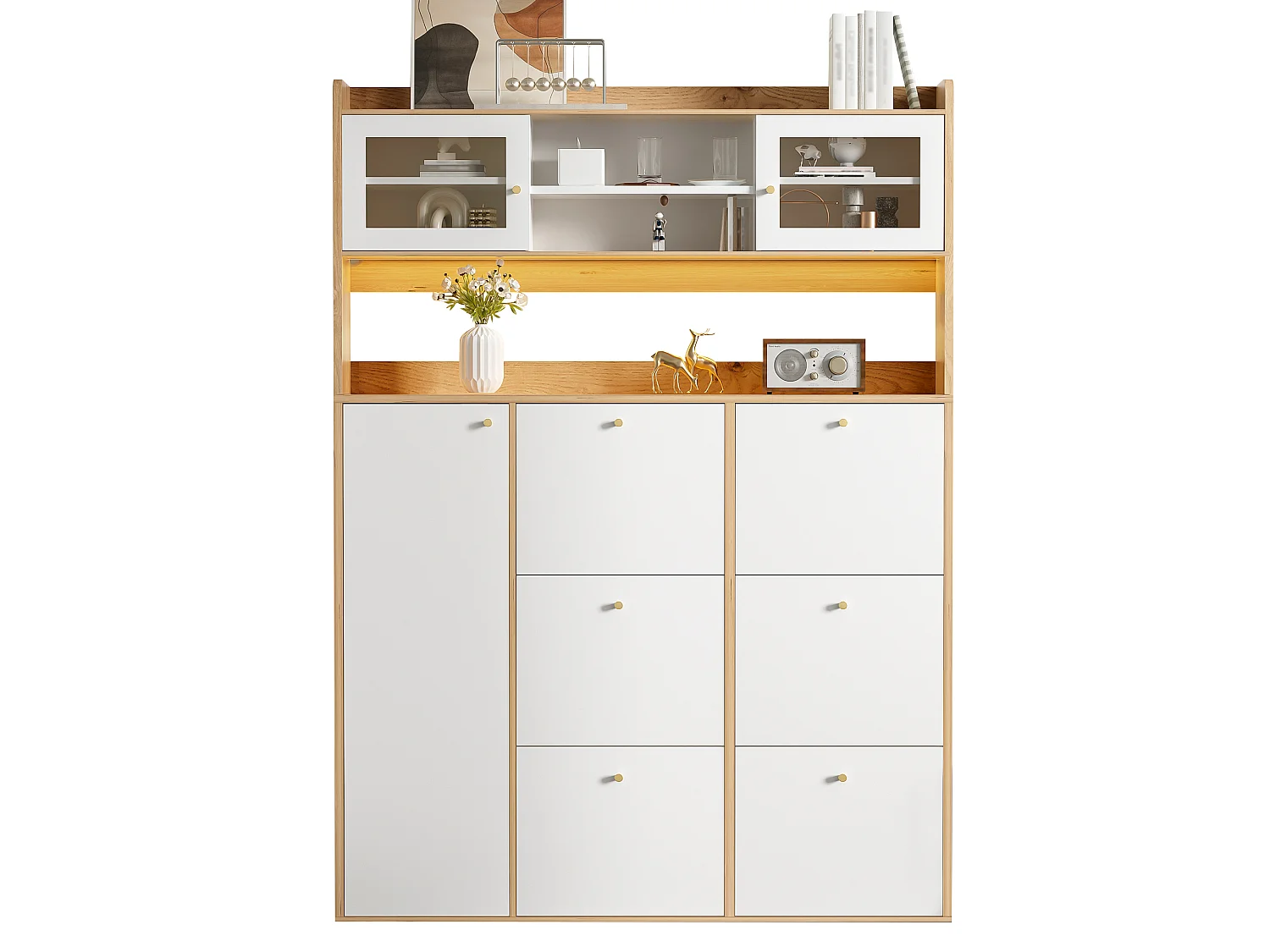 Meuble à chaussures moderne 130x25x180cm - avec éclairage LED - avec 6 portes abattantes - compartiment de rangement - Blanc + Naturel