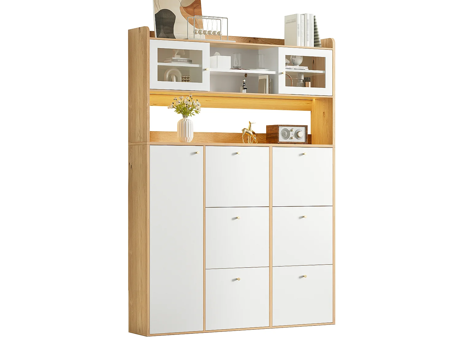 Meuble à chaussures moderne 130x25x180cm - avec éclairage LED - avec 6 portes abattantes - compartiment de rangement - Blanc + Naturel