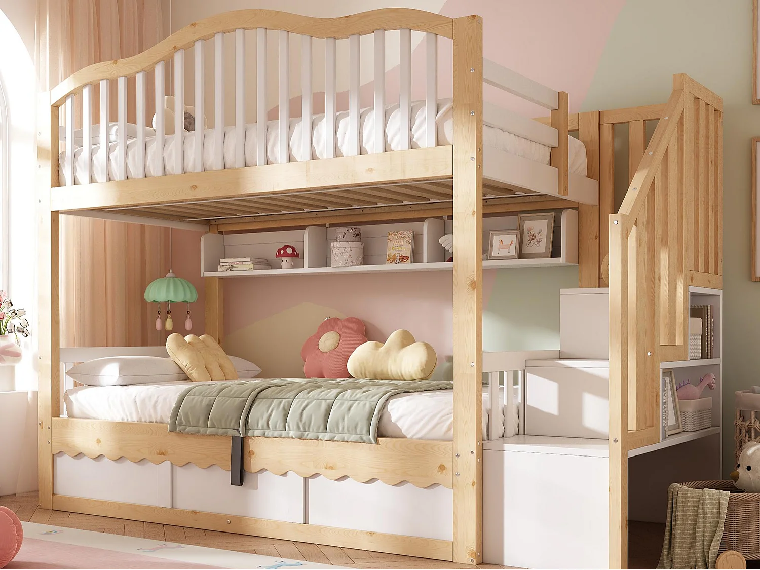 Lit superposé 90x200cm - avec espace de rangement sur le lit inférieur - escalier de rangement - Bois massif + MDF - Blanc+Naturel (sans matelas)