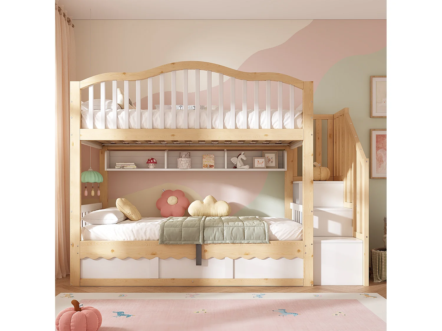 Lit superposé 90x200cm - avec espace de rangement sur le lit inférieur - escalier de rangement - Bois massif + MDF - Blanc+Naturel (sans matelas)