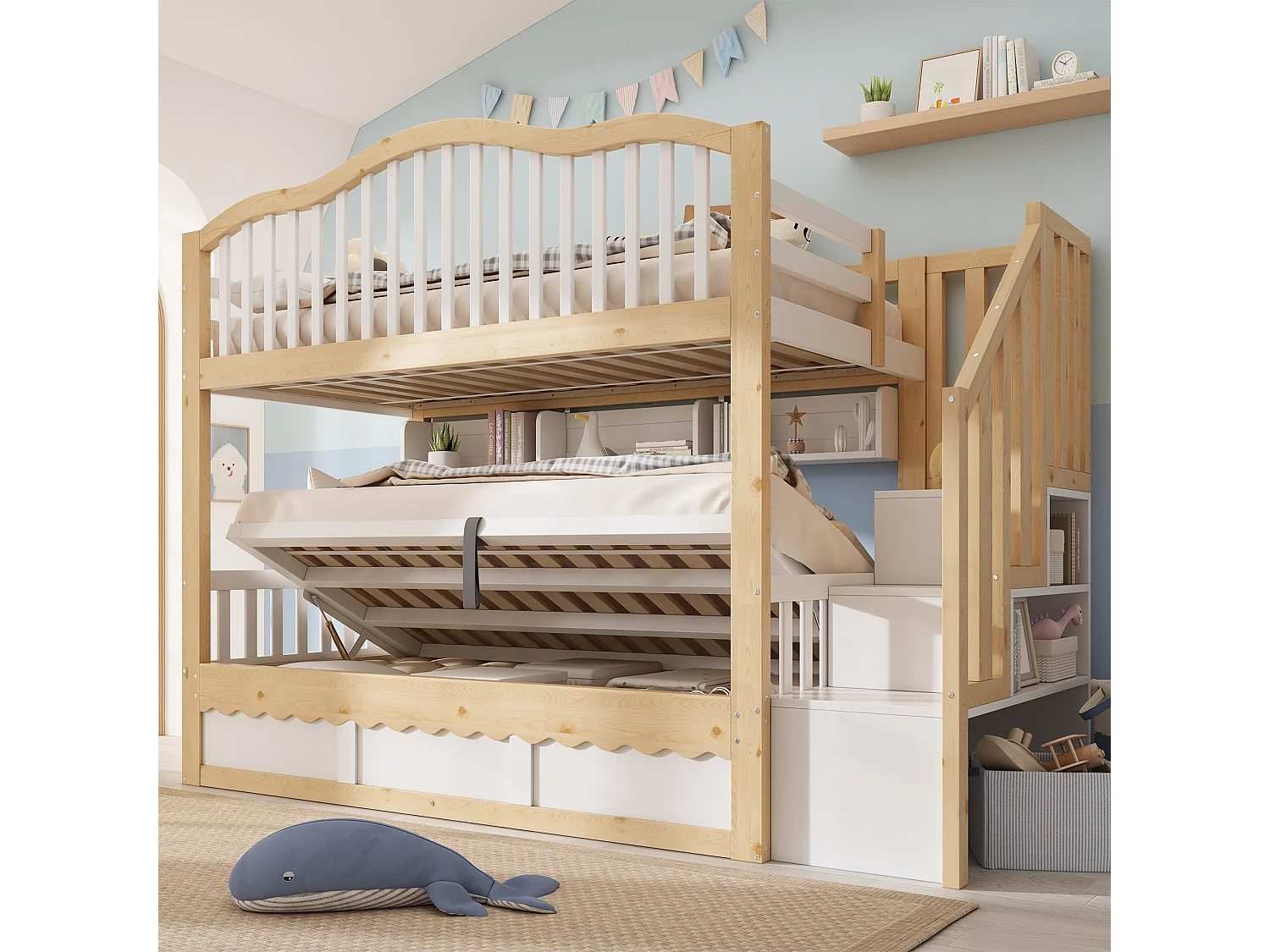 Lit superposé 90x200cm - avec espace de rangement sur le lit inférieur - escalier de rangement - Bois massif + MDF - Blanc+Naturel (sans matelas)