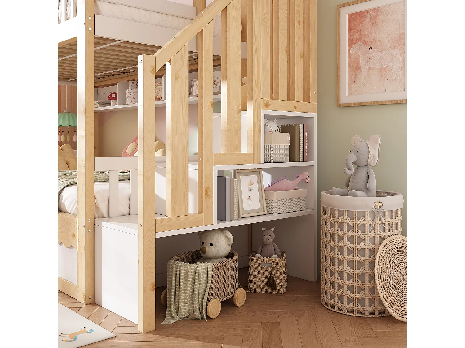 Lit superposé 90x200cm - avec espace de rangement sur le lit inférieur - escalier de rangement - Bois massif + MDF - Blanc+Naturel (sans matelas)