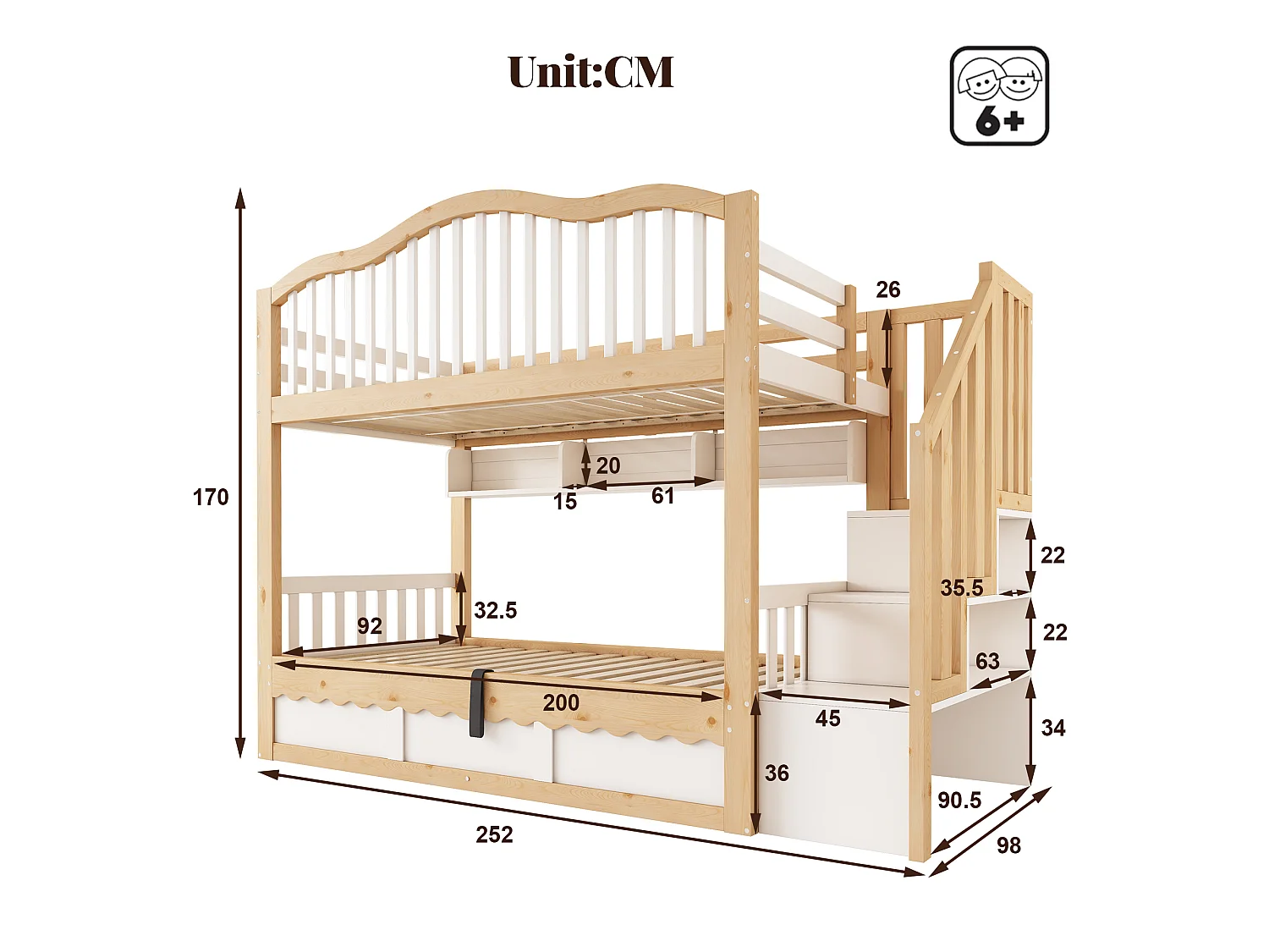 Lit superposé 90x200cm - avec espace de rangement sur le lit inférieur - escalier de rangement - Bois massif + MDF - Blanc+Naturel (sans matelas)