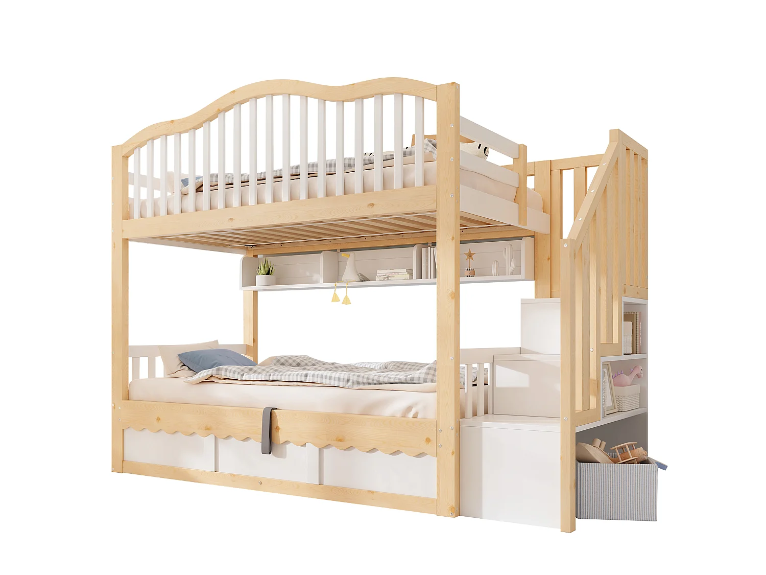 Lit superposé 90x200cm - avec espace de rangement sur le lit inférieur - escalier de rangement - Bois massif + MDF - Blanc+Naturel (sans matelas)