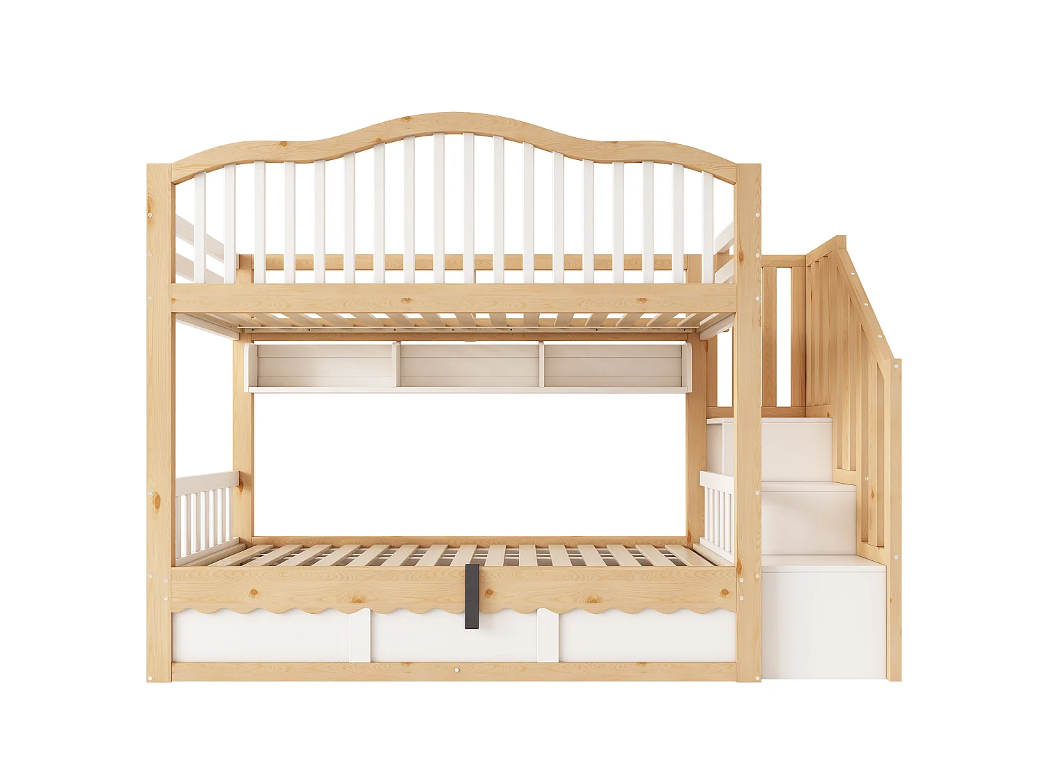 Lit superposé 90x200cm - avec espace de rangement sur le lit inférieur - escalier de rangement - Bois massif + MDF - Blanc+Naturel (sans matelas)