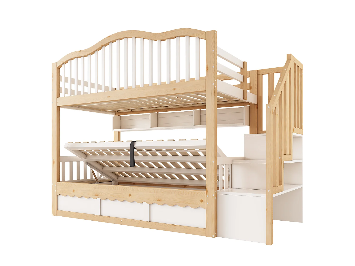 Lit superposé 90x200cm - avec espace de rangement sur le lit inférieur - escalier de rangement - Bois massif + MDF - Blanc+Naturel (sans matelas)