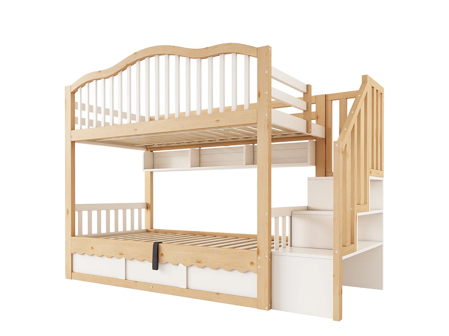 Lit superposé 90x200cm - avec espace de rangement sur le lit inférieur - escalier de rangement - Bois massif + MDF - Blanc+Naturel (sans matelas)