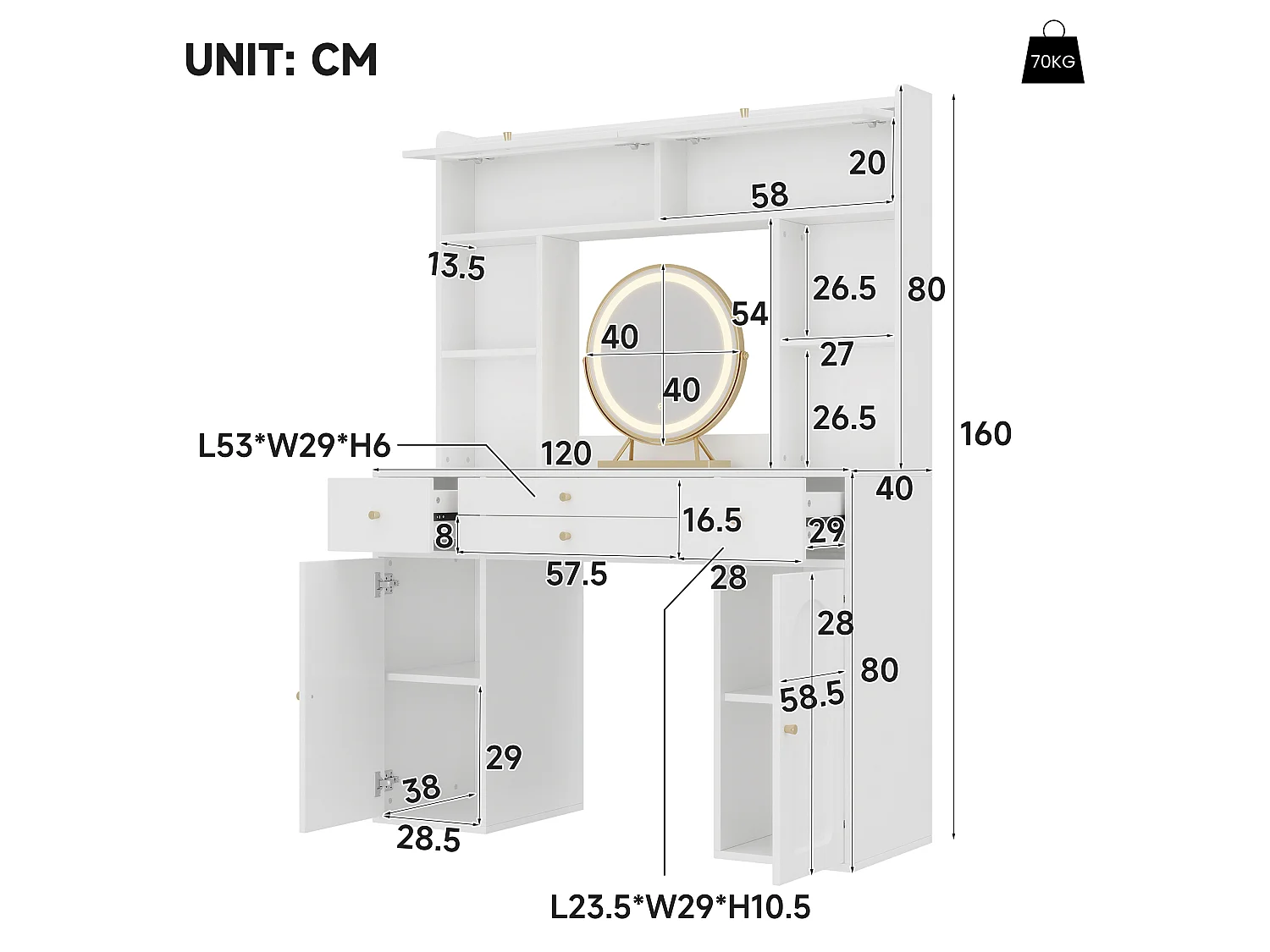 Schminktisch mit LED-Spiegel, 4 Schubladen, 2 Türen, Ablagen und Glasvitrine – 120 x 40 x 160 cm – MDF, Bambus und Glas – Weiß