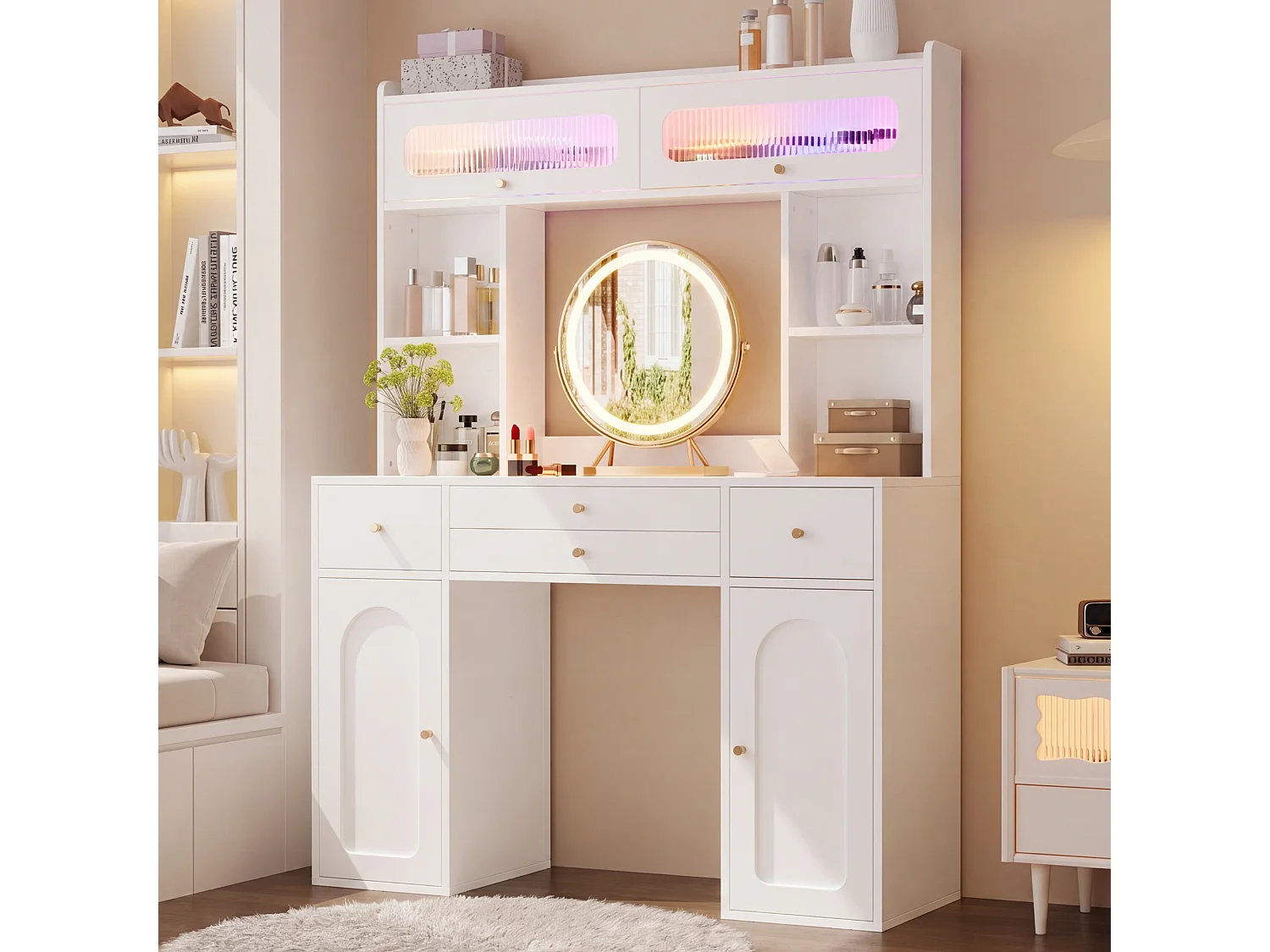 Schminktisch mit LED-Spiegel, 4 Schubladen, 2 Türen, Ablagen und Glasvitrine – 120 x 40 x 160 cm – MDF, Bambus und Glas – Weiß