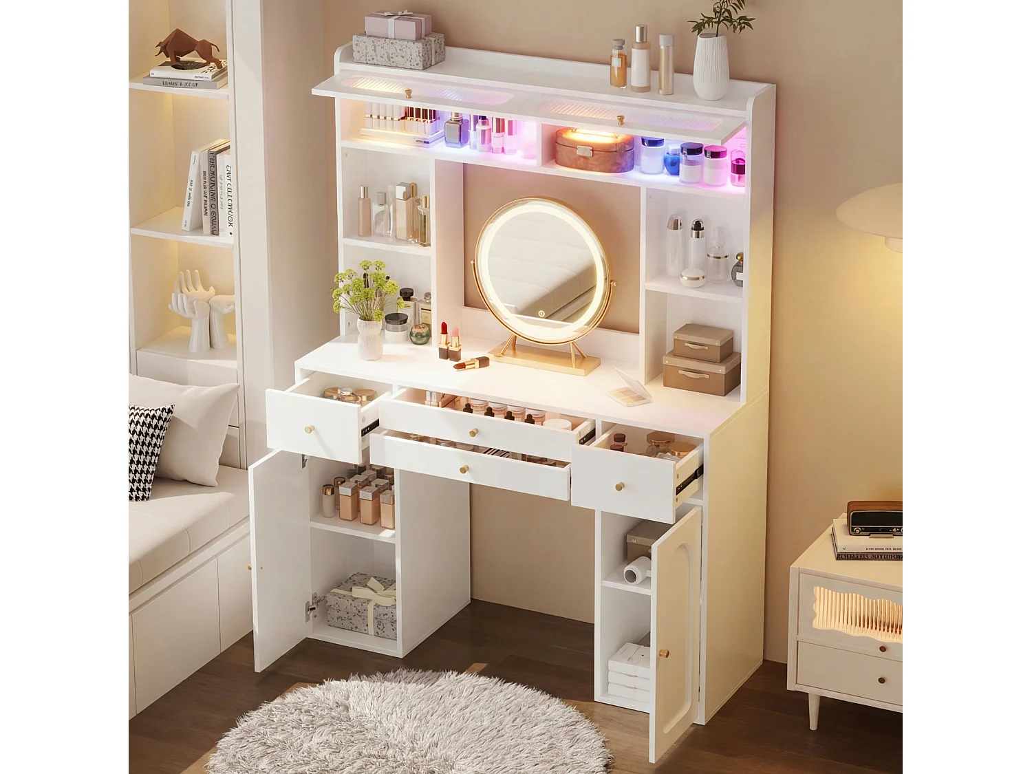 Schminktisch mit LED-Spiegel, 4 Schubladen, 2 Türen, Ablagen und Glasvitrine – 120 x 40 x 160 cm – MDF, Bambus und Glas – Weiß