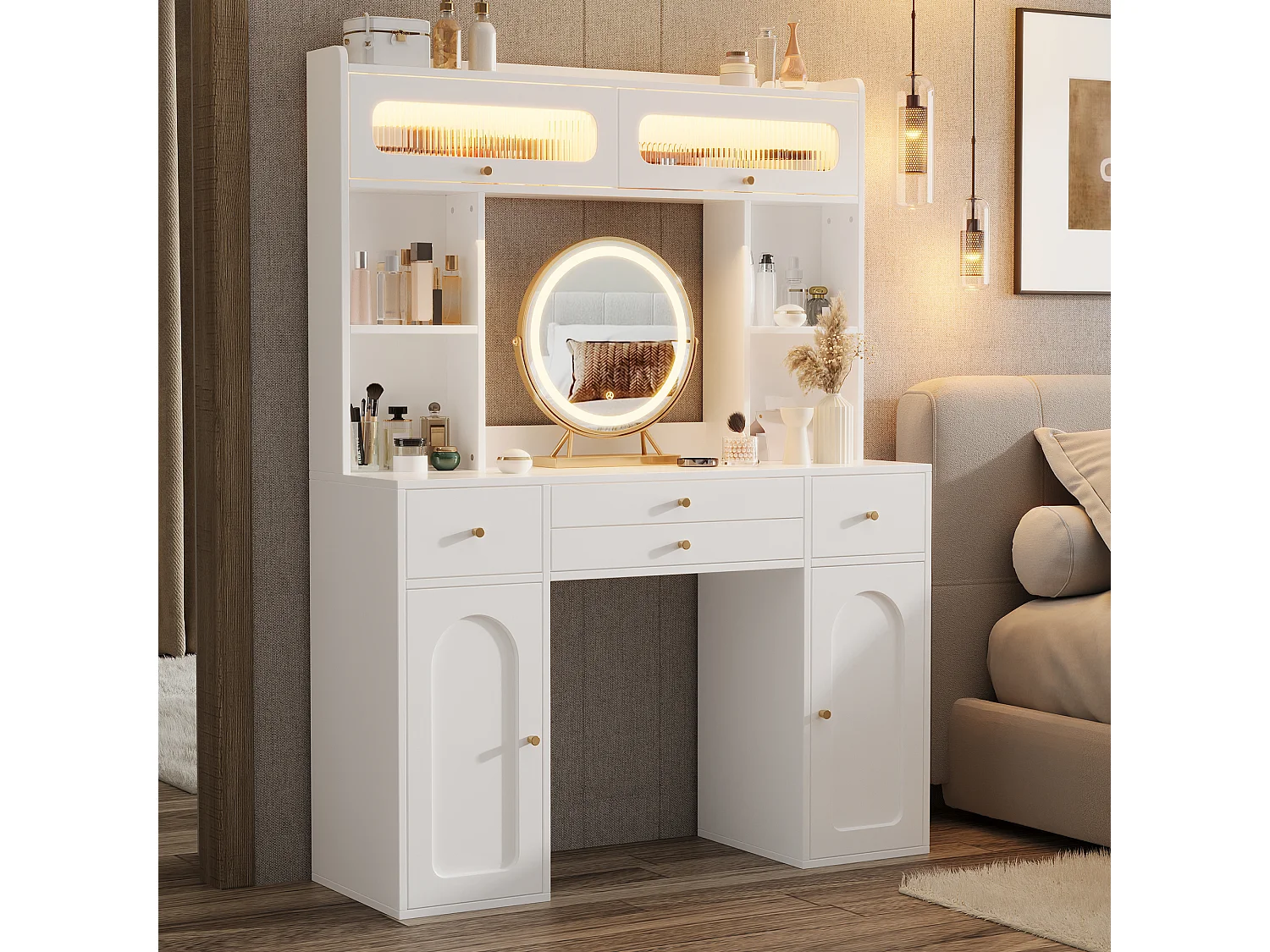 Schminktisch mit LED-Spiegel, 4 Schubladen, 2 Türen, Ablagen und Glasvitrine – 120 x 40 x 160 cm – MDF, Bambus und Glas – Weiß