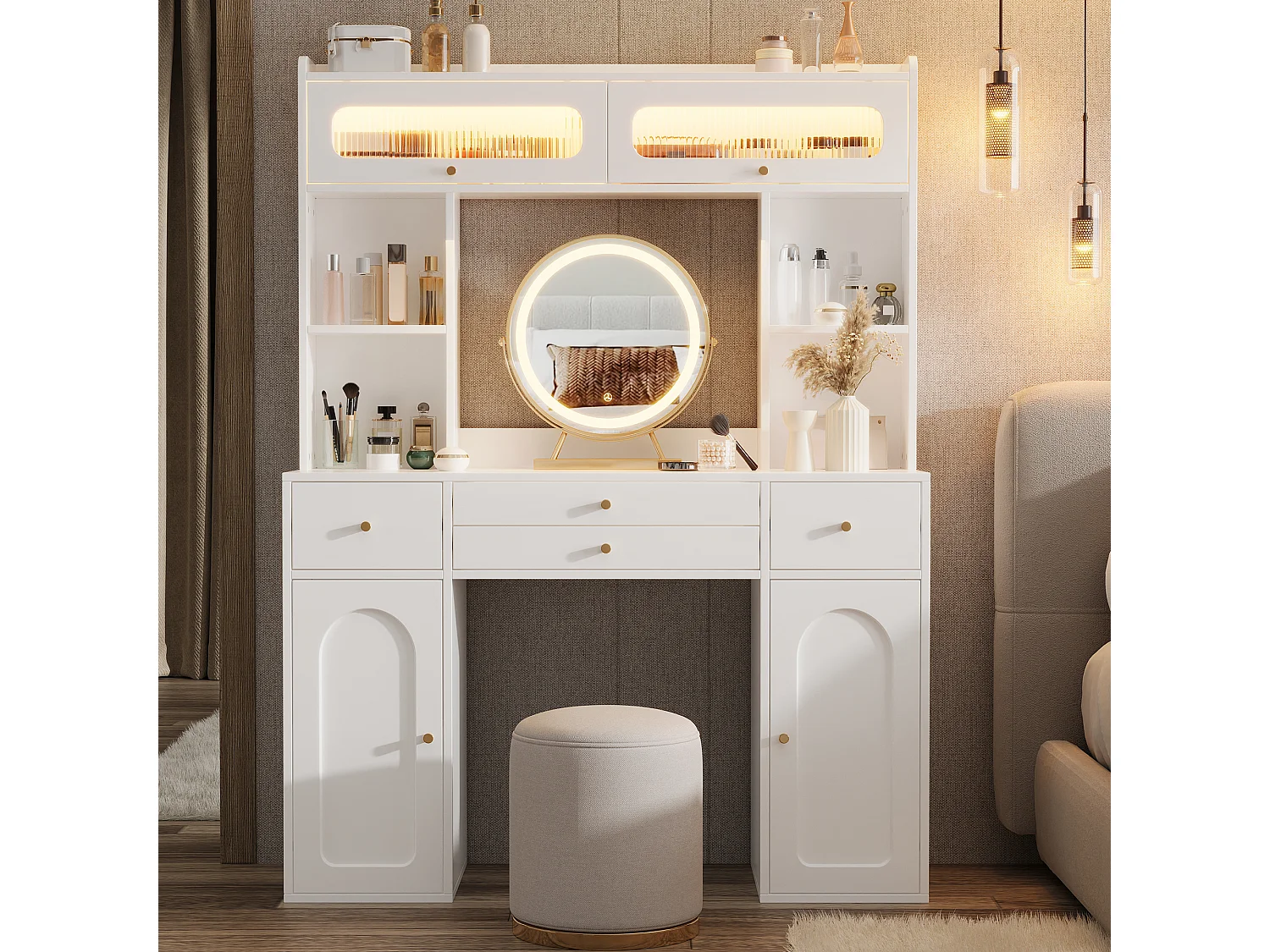 Schminktisch mit LED-Spiegel, 4 Schubladen, 2 Türen, Ablagen und Glasvitrine – 120 x 40 x 160 cm – MDF, Bambus und Glas – Weiß
