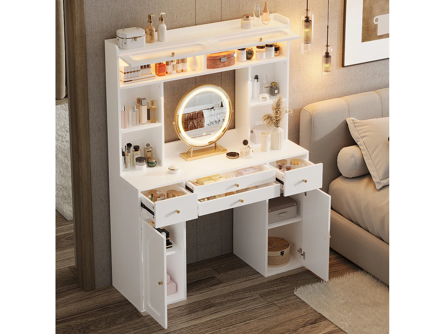 Schminktisch mit LED-Spiegel, 4 Schubladen, 2 Türen, Ablagen und Glasvitrine – 120 x 40 x 160 cm – MDF, Bambus und Glas – Weiß