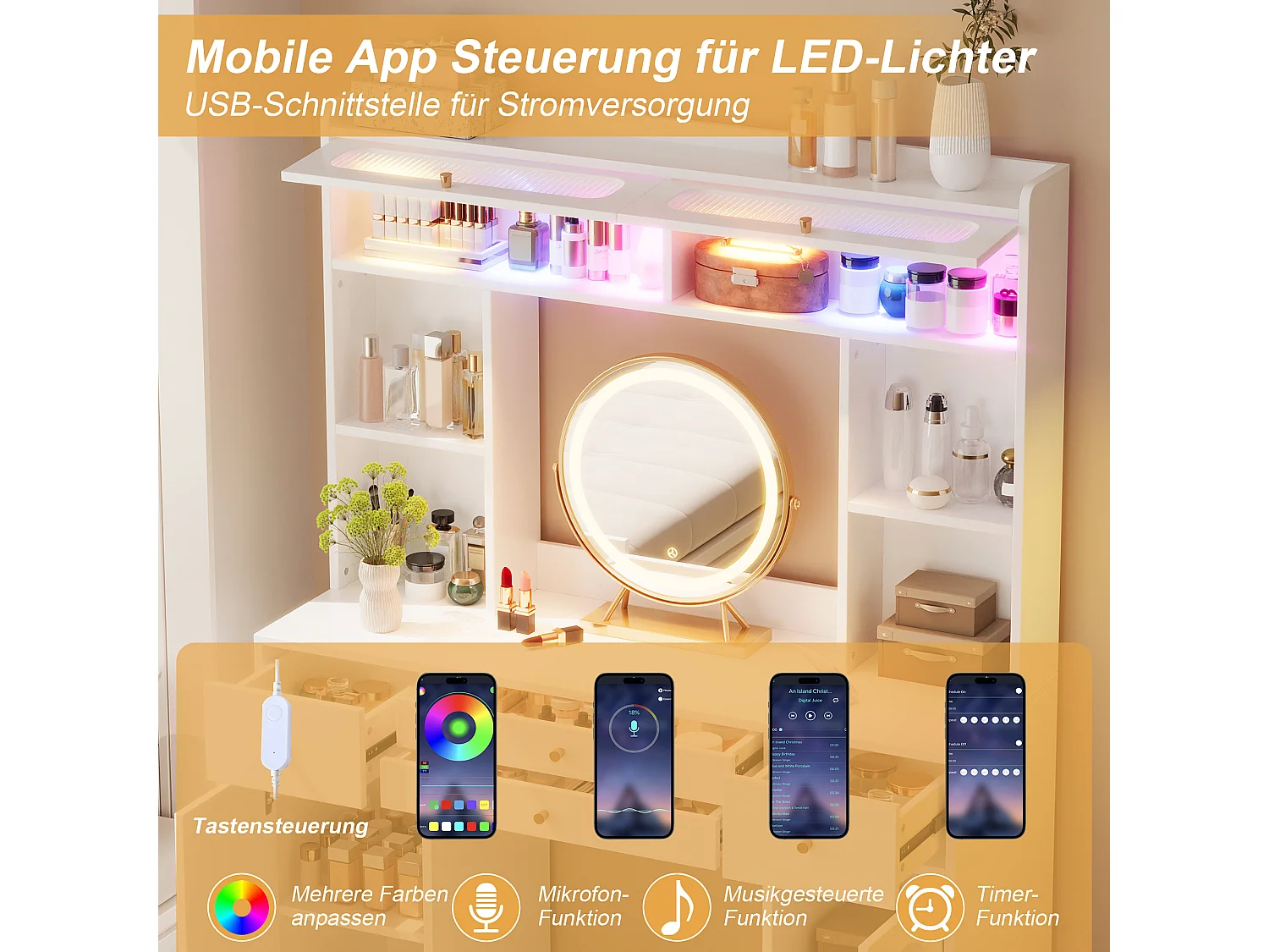 Schminktisch mit LED-Spiegel, 4 Schubladen, 2 Türen, Ablagen und Glasvitrine – 120 x 40 x 160 cm – MDF, Bambus und Glas – Weiß