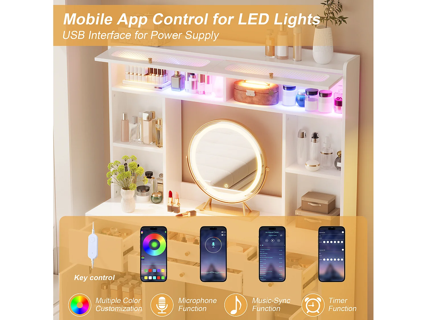 Schminktisch mit LED-Spiegel, 4 Schubladen, 2 Türen, Ablagen und Glasvitrine – 120 x 40 x 160 cm – MDF, Bambus und Glas – Weiß