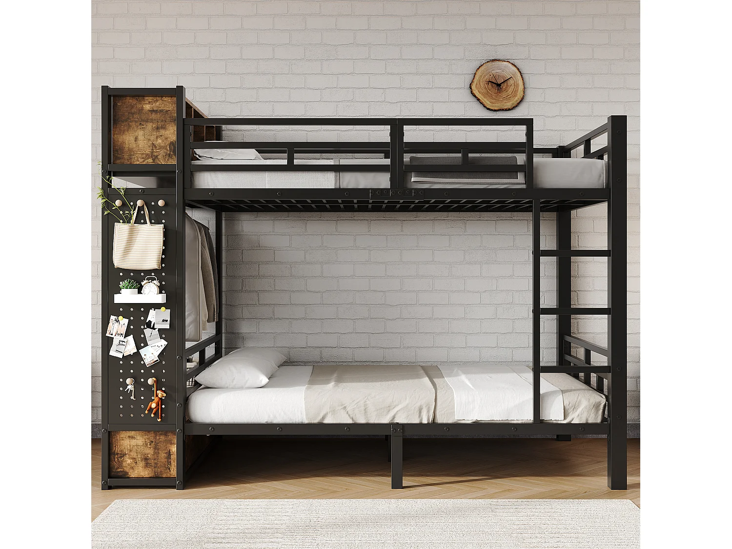 Lit superposé enfant 120x200 cm - avec Cintres, tiroirs, panneaux de suspension et compartiment de rangement - Noir (sans matelas)