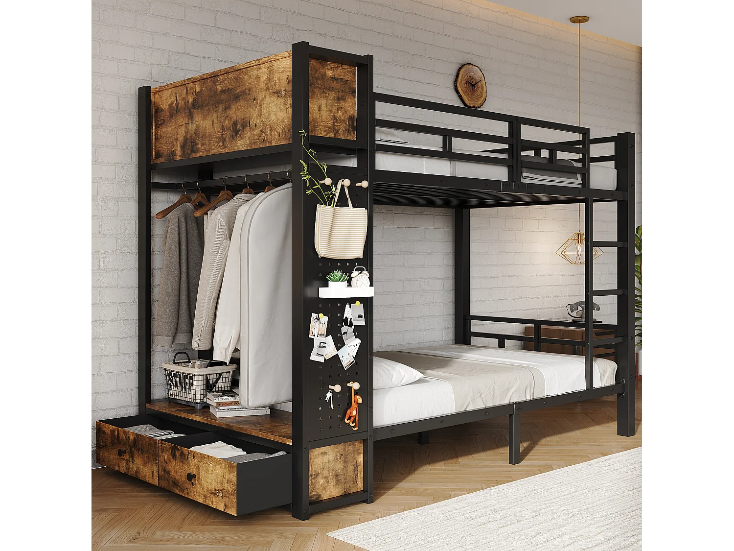 Lit superposé enfant 120x200 cm - avec Cintres, tiroirs, panneaux de suspension et compartiment de rangement - Noir (sans matelas)