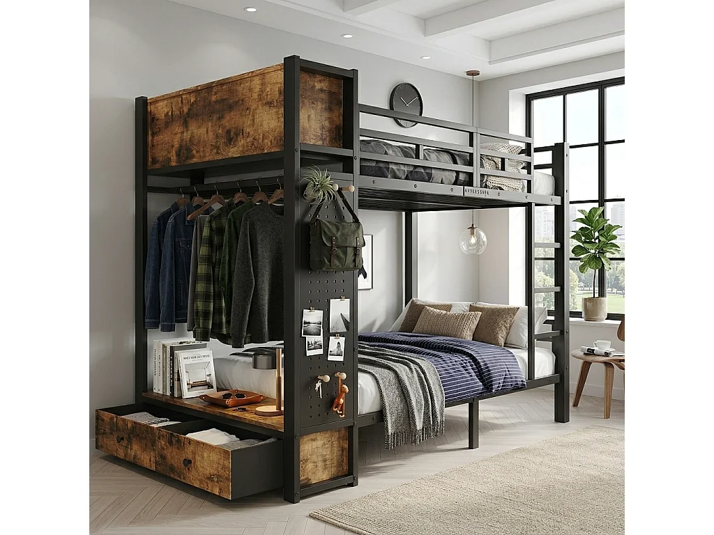 Lit superposé enfant 120x200 cm - avec Cintres, tiroirs, panneaux de suspension et compartiment de rangement - Noir (sans matelas)