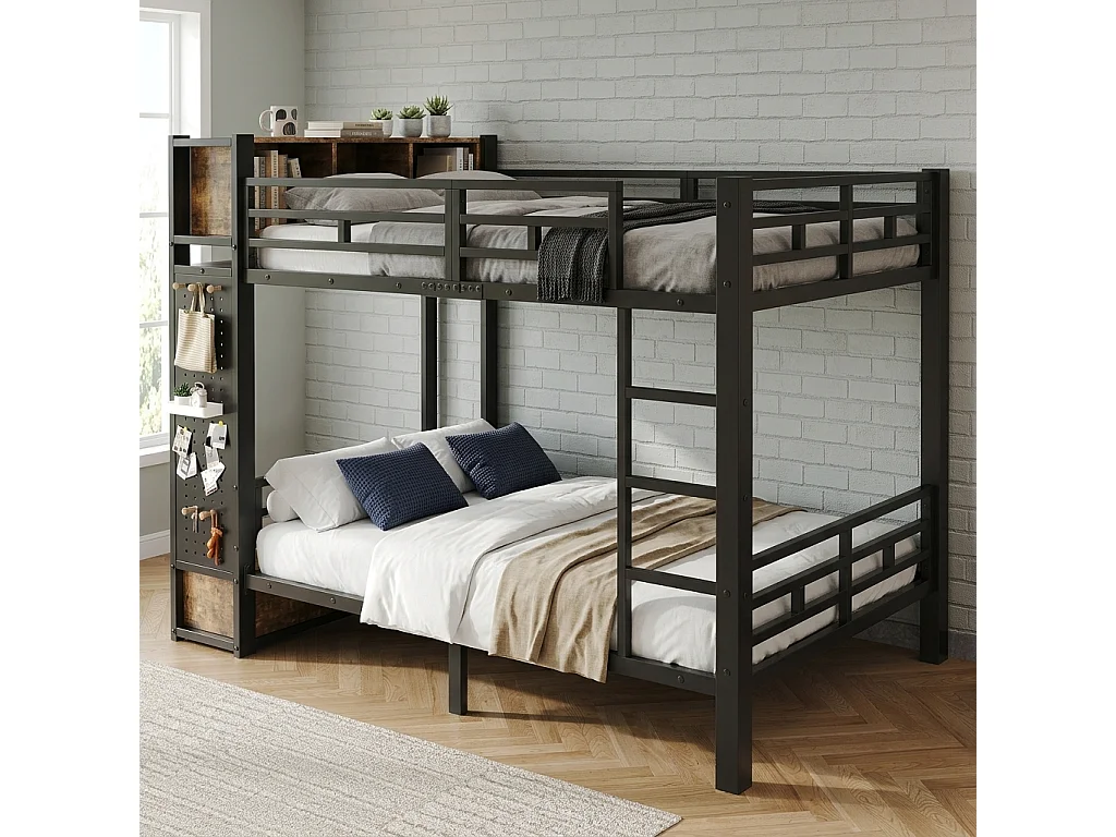 Lit superposé enfant 120x200 cm - avec Cintres, tiroirs, panneaux de suspension et compartiment de rangement - Noir (sans matelas)