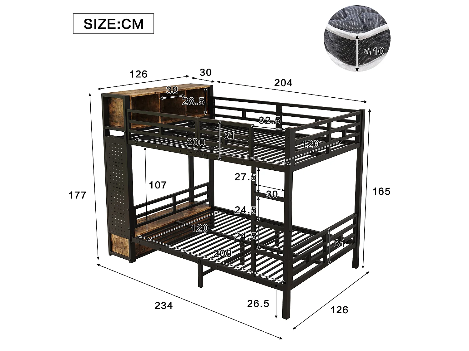 Lit superposé enfant 120x200 cm - avec Cintres, tiroirs, panneaux de suspension et compartiment de rangement - Noir (sans matelas)