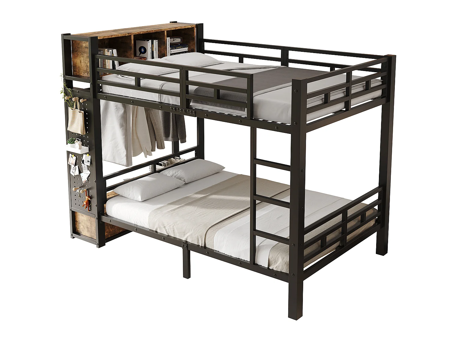 Lit superposé enfant 120x200 cm - avec Cintres, tiroirs, panneaux de suspension et compartiment de rangement - Noir (sans matelas)