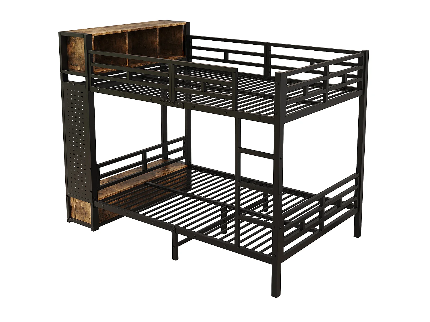 Lit superposé enfant 120x200 cm - avec Cintres, tiroirs, panneaux de suspension et compartiment de rangement - Noir (sans matelas)