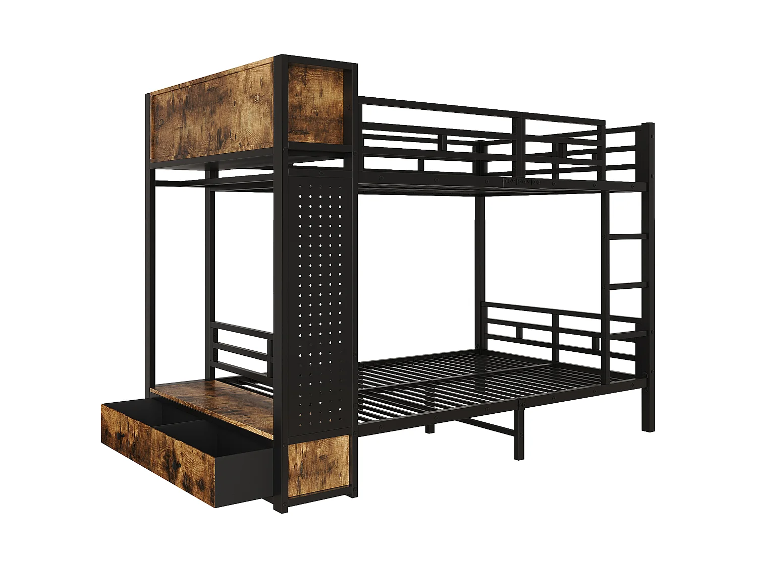 Lit superposé enfant 120x200 cm - avec Cintres, tiroirs, panneaux de suspension et compartiment de rangement - Noir (sans matelas)