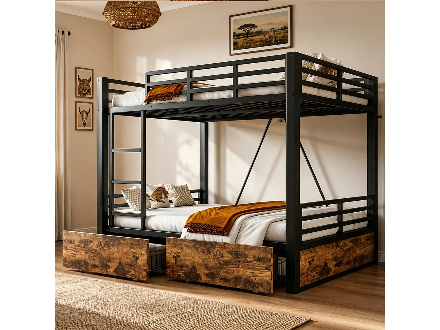 Letto a castello 140 x 200 cm con 2 cassetti, scaletta e sponde di sicurezza - Metallo + MDF - Nero (Materasso non incluso)